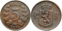 (1876) Монета Норвегия 1876 год 5 эре "Оскар II"  Бронза  VF